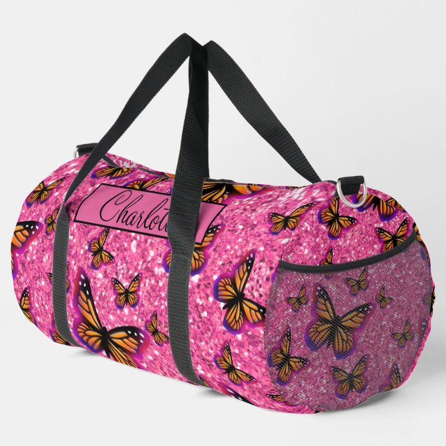 Pretty Girly pink glitter butterflies monogram Duffle Bag (Right Corner)