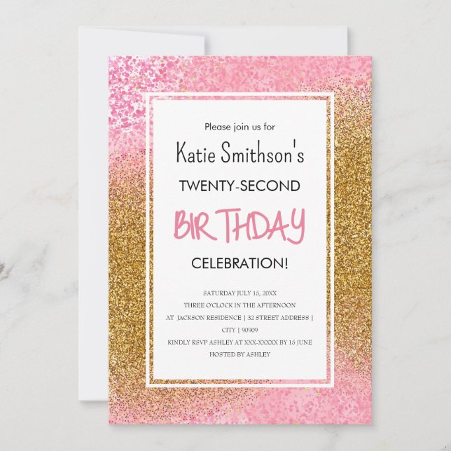 Pretty Girly Pink Gold Glitter Birthday Invitation (Front)
