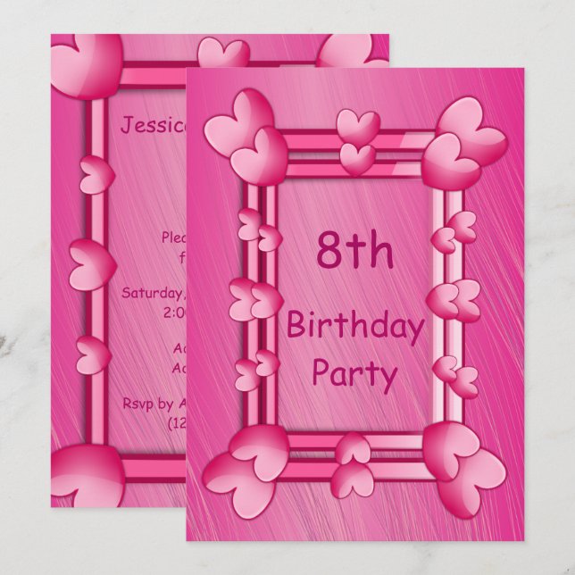 Pretty Girly Pink Hearts Framed 8th Birthday Invitation (Front/Back)