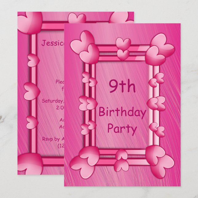 Pretty Girly Pink Hearts Framed 9th Birthday Invitation (Front/Back)