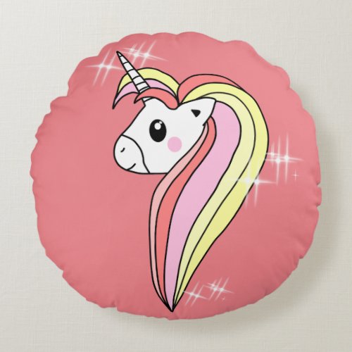 Pretty Girly Pink Unicorn with Sparkles Round Pillow