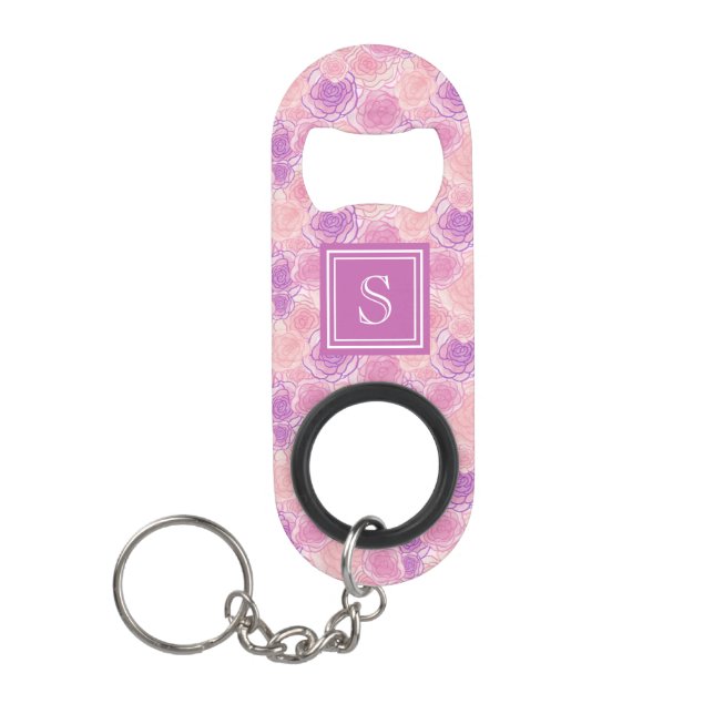 Pretty Girly Rose Floral Custom Monogram Keychain Bottle Opener (Front)