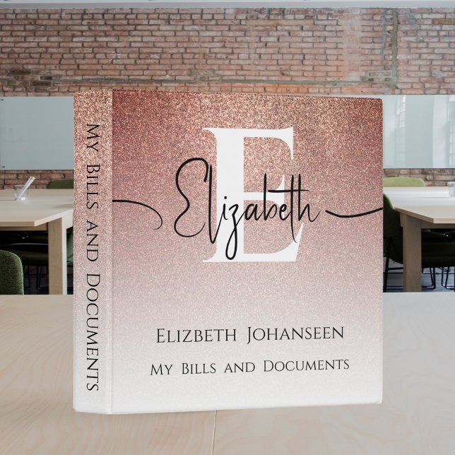 Pretty Girly Rose Gold Glitter Sparkle Monogrammed 3 Ring Binder (Creator Uploaded)