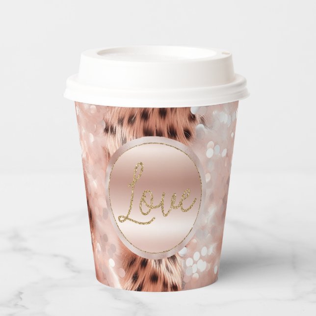 Pretty Girly Rose Gold Leopard Bokeh Paper Cups (Front)