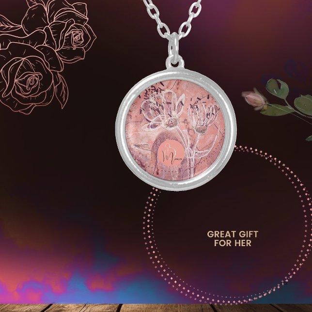 Pretty Girly Salmon Pink Flowers Marble Silver Plated Necklace (Pretty Girly Salmon Pink Flowers Marble Silver Plated Necklace)