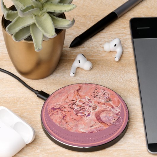 Pretty Girly Salmon Pink Flowers Wireless Charger (Desk 2)