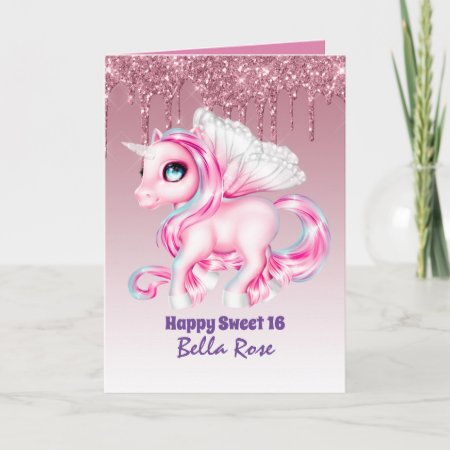 Pretty Girly Sweet16 Glam Glitter Unicorn Alicorn Card