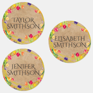 Pretty Girly Tulip Floral Personalized Name School Labels