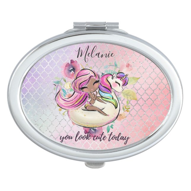 Pretty Girly YOU LOOK CUTE TODAY Unicorn Pink Compact Mirror (Front)