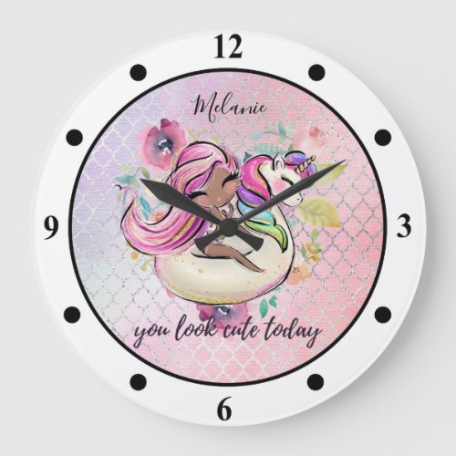 Pretty Girly YOU LOOK CUTE TODAY Unicorn Pink Large Clock
