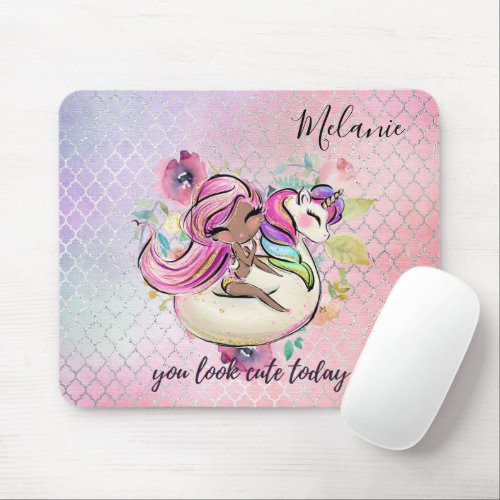 Pretty Girly YOU LOOK CUTE TODAY Unicorn Pink Mouse Pad