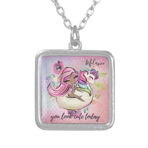 Pretty Girly YOU LOOK CUTE TODAY Unicorn Pink Silver Plated Necklace
