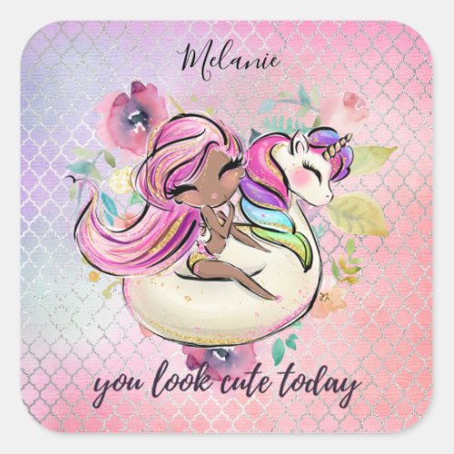 Pretty Girly YOU LOOK CUTE TODAY Unicorn Pink Square Sticker