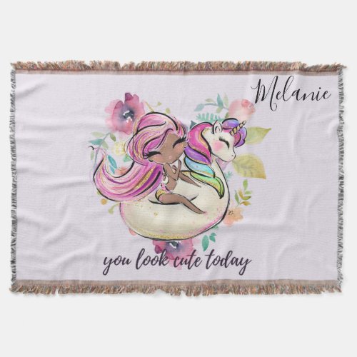 Pretty Girly YOU LOOK CUTE TODAY Unicorn Pink Throw Blanket