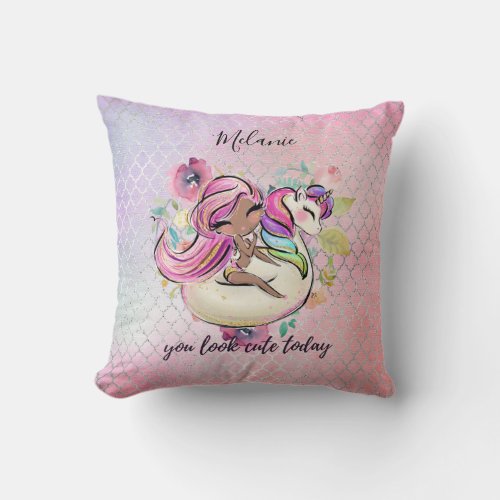 Pretty Girly YOU LOOK CUTE TODAY Unicorn Pink Throw Pillow