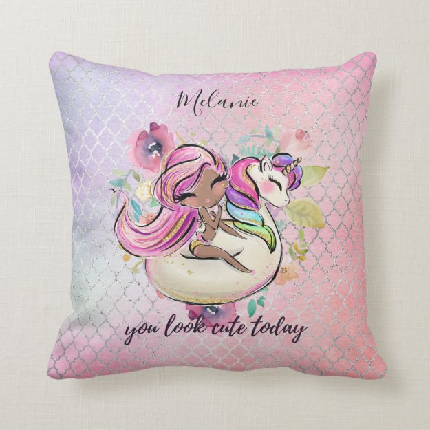 Pretty Girly YOU LOOK CUTE TODAY Unicorn Pink Throw Pillow
