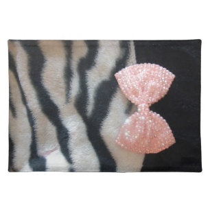 Pretty Girly Zebra Print & Pink Diamante Bling Bow Cloth Placemat