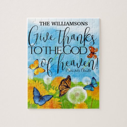 Pretty Give Thanks Bible Verse Floral Family Name Jigsaw Puzzle