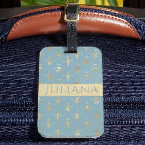 Pretty Glacial Blue and Gold Queen Bee Luggage Tag