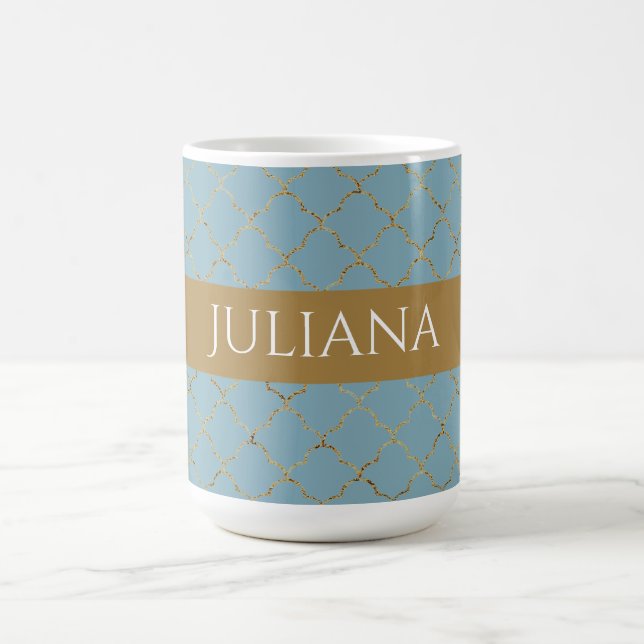 Pretty Glacial Blue Gold Quatrefoil Personalized  Coffee Mug (Center)