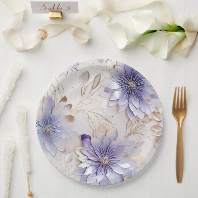 Pretty Glam Gold Purple Pearl White Floral Paper Plates (Wedding)
