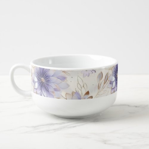 Pretty Glam Gold Purple Pearl White Floral Soup Mug