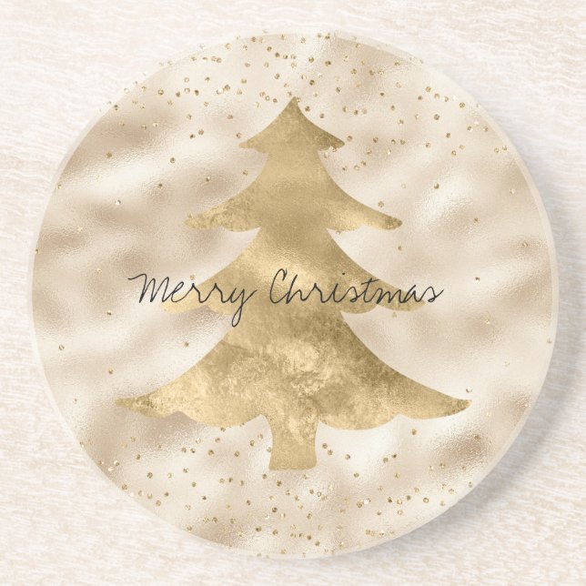 Pretty Glam Gold Sparkle Dots Christmas Tree      Coaster (Front)