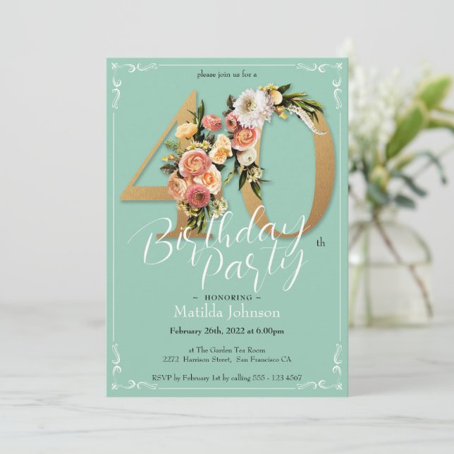 Pretty Glamorous Gold Mint Floral 40th Birthday Invitation (Standing Front)