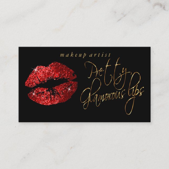 Pretty Glamorous Lips - Red Glitter and Gold Business Card (Front)