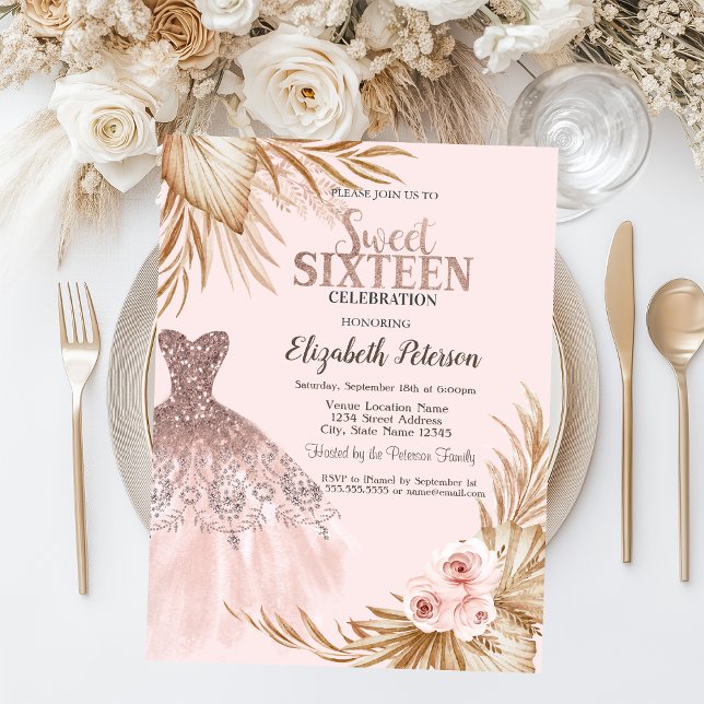 Pretty Glitter Drips,Dress,Pampas, Pink Sweet 16   Invitation (Creator Uploaded)