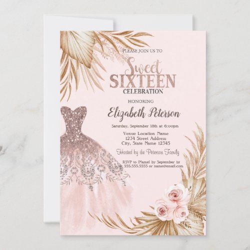 Pretty Glitter DripsDressPampas Pink Sweet 16   Invitation