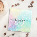 Pretty Glitter Holographic Iridescent Girly Glass Coaster<br><div class="desc">A trendy pretty chic bokeh glitter background in beautiful pastel colors. You can easily personalize with your custom monogram and/or name.</div>