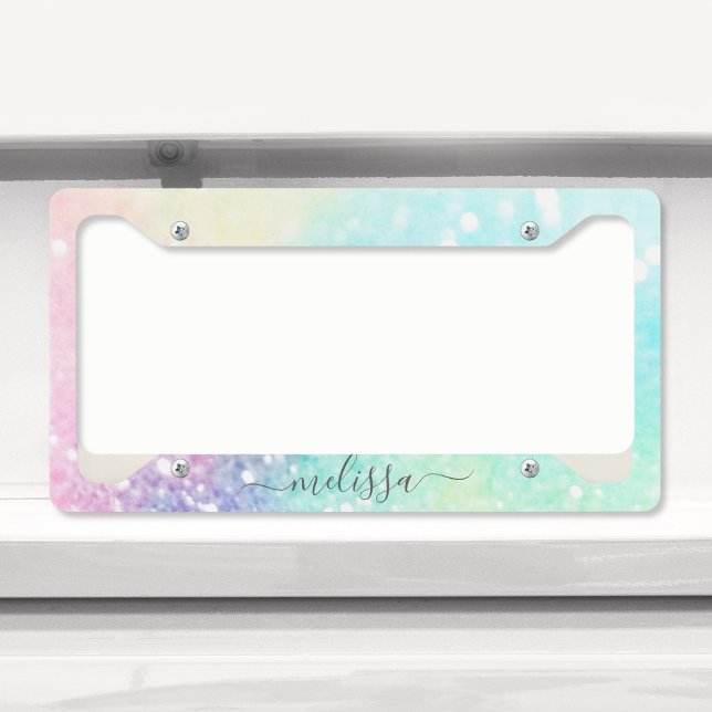 Pretty Glitter Holographic Iridescent Girly License Plate Frame (Creator Uploaded)