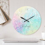 Pretty Glitter Holographic Iridescent Girly Round Clock<br><div class="desc">A trendy pretty chic bokeh glitter background in beautiful pastel colors. You can easily personalize with your custom monogram and/or name.</div>