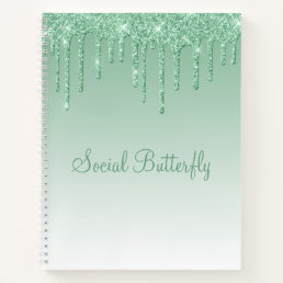 Pretty Glitter Mint Green Script Social Butterfly Notebook