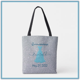 Pretty Glitter Silver and Blue Quinceanera Tote Bag