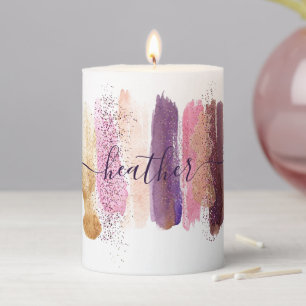 Pretty glitter smear personalized pillar candle