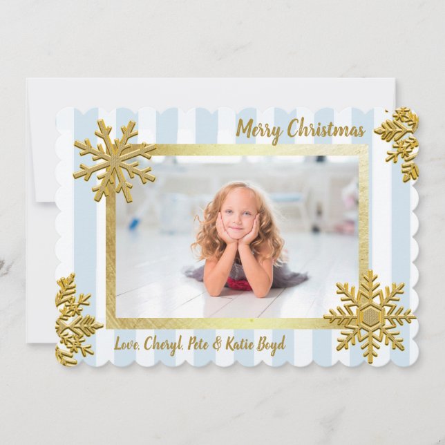 Pretty Gold and Blue Custom Photo Christmas Invitation (Front)