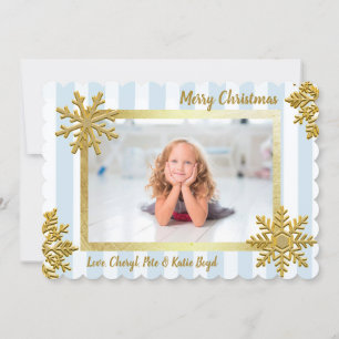 Pretty Gold and Blue Custom Photo Christmas Invitation