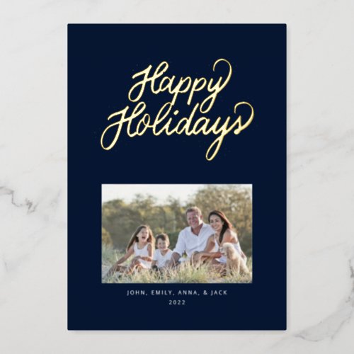 Pretty gold and navy hand lettered holiday card