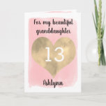 Pretty Gold and Pink 13th Birthday Granddaughter Card<br><div class="desc">A personalized pink and gold granddaughter birthday card that features a beautiful gold heart against pink watercolor. You can personalize gold heart with the age you need and add her name underneath the heart. The inside card message reads "I hope that today and every day is filled with lots of...</div>