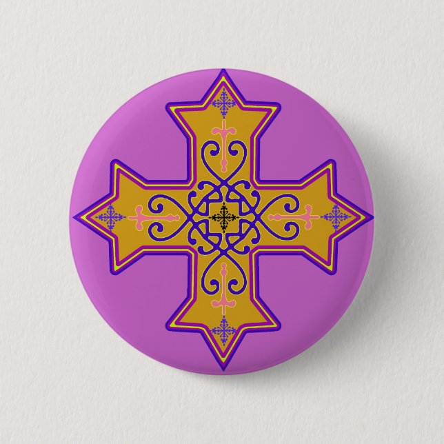 Pretty Gold and Pink Coptic Cross Pinback Button (Front)
