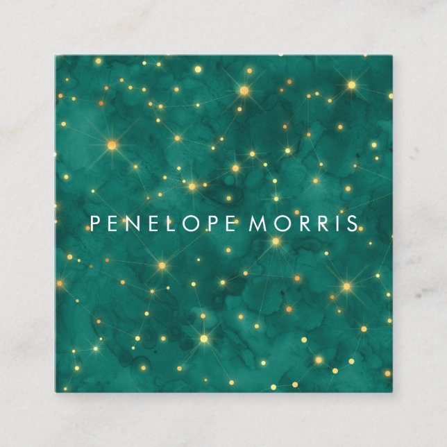 Pretty Gold and Teal Constellations Stylist  Square Business Card (Front)
