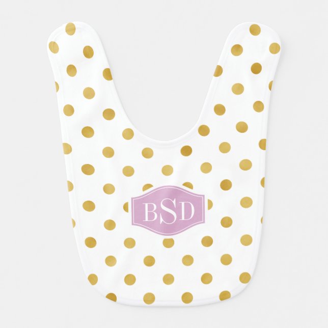Pretty gold and white polka dots patterns monogram bib (Front)