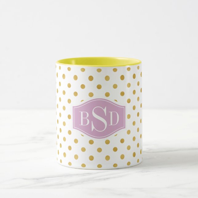 Pretty gold and white polka dots patterns monogram mug (Center)