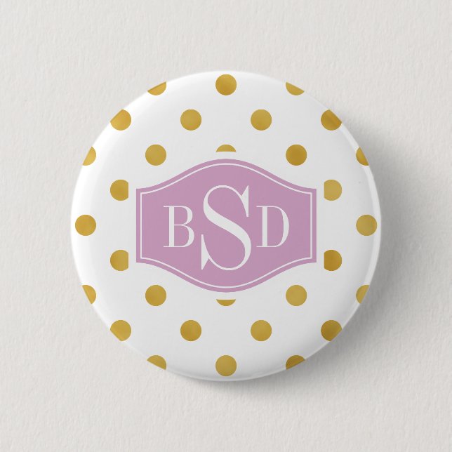 Pretty gold and white polka dots patterns monogram pinback button (Front)