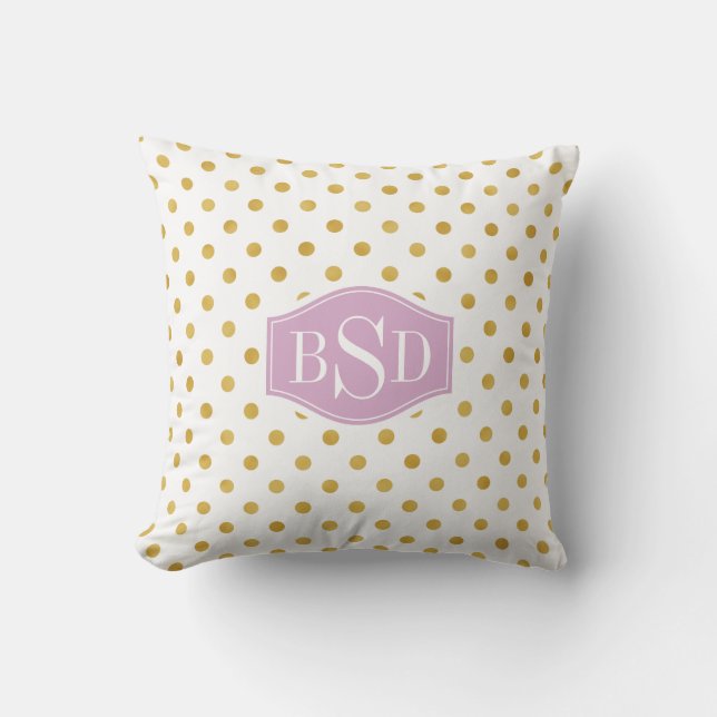 Pretty gold and white polka dots patterns monogram throw pillow (Front)