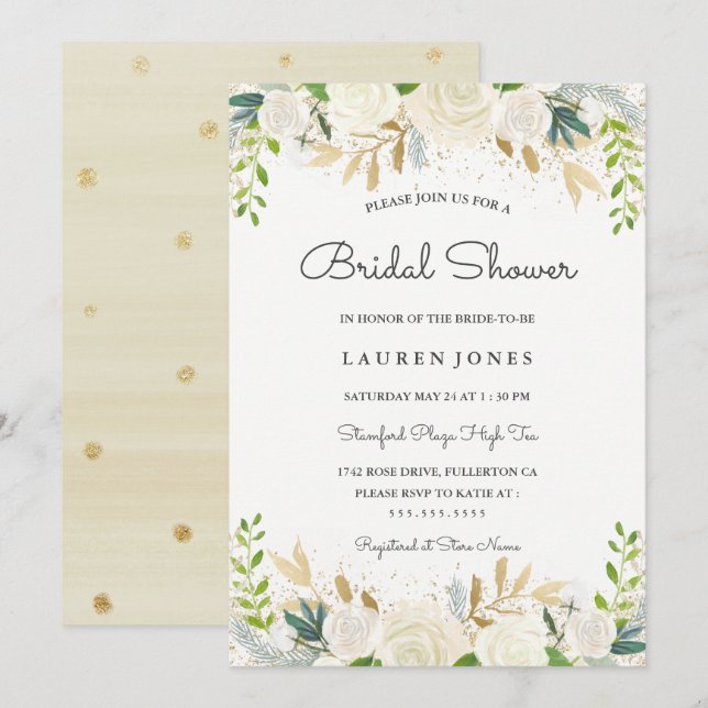 Pretty Gold Blush Floral Bridal Shower Invitation (Front/Back)