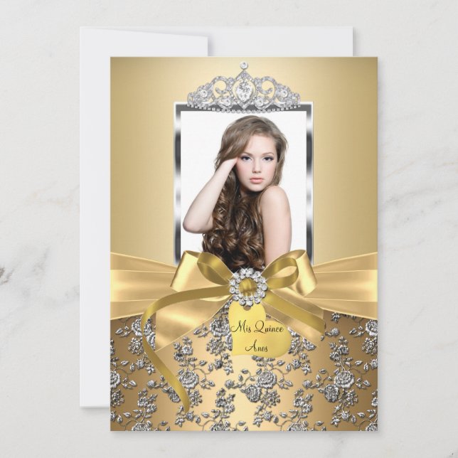 Pretty Gold Bow & Silver Rose Photo Quinceanera Invitation (Front)