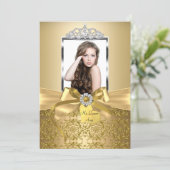 Pretty Gold Bow & Tiara Quinceanera Invitation (Standing Front)